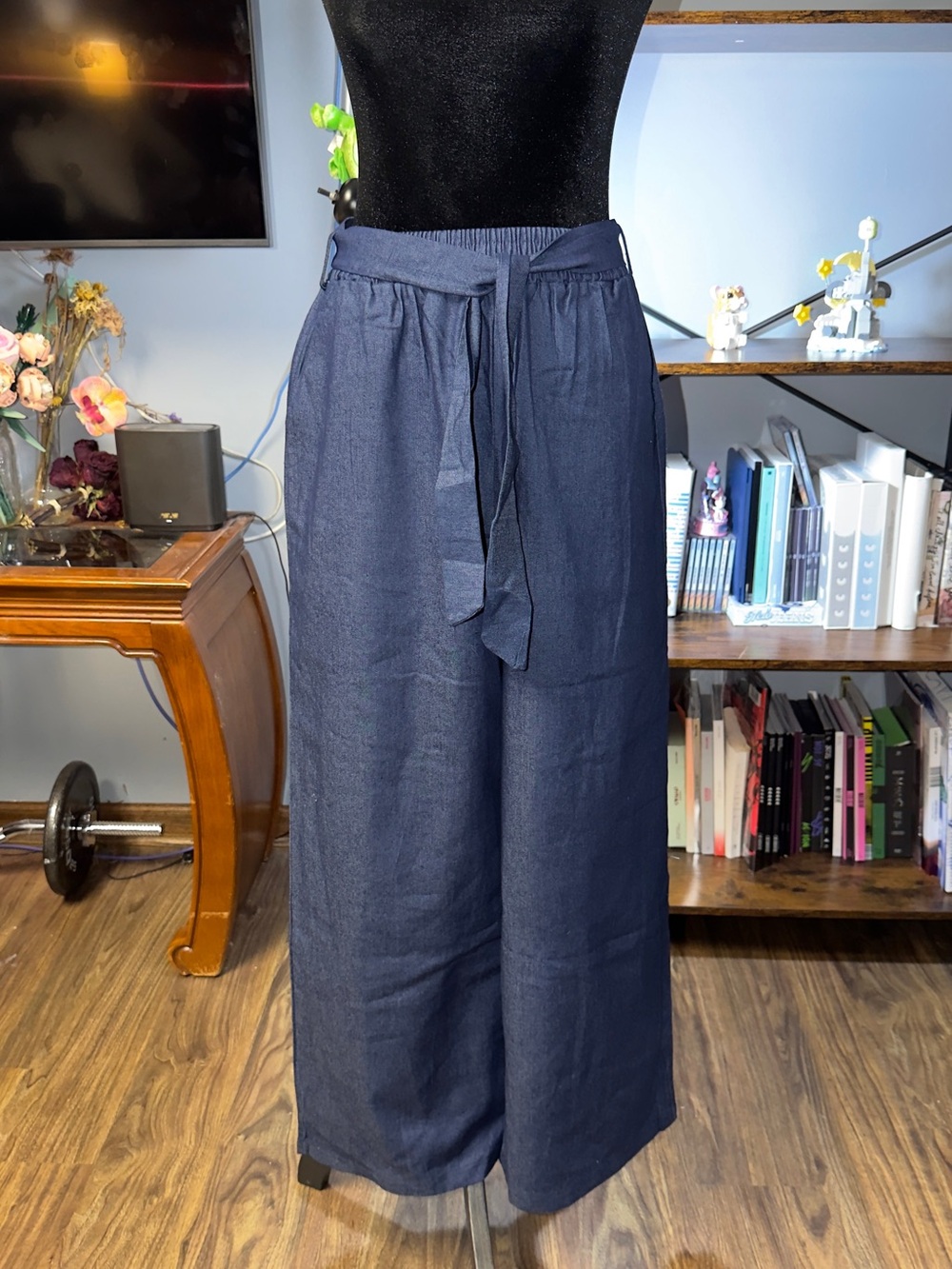 Tie-Waist Wide Leg Soft Denim Pants in Navy/NWOT
